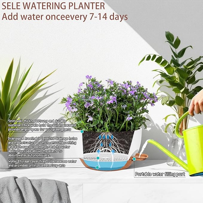 2 Pack 12 Inch Large Hanging Planters with Chains Self Watering White Brown Plastic Hanging Pots for Indoor Outdoor Plants, Garden Porch Home Decor,White Brown