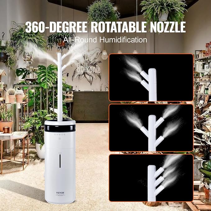 VEVOR Humidifier for Home Large Room, Commercial Humidifier for Whole House 1291.7 sq ft, 16L Water Tank & Night Light & 12h Timer & Auto Shut-Off, Greenhouse, Commercial Branch Tube w/ 360° Nozzle