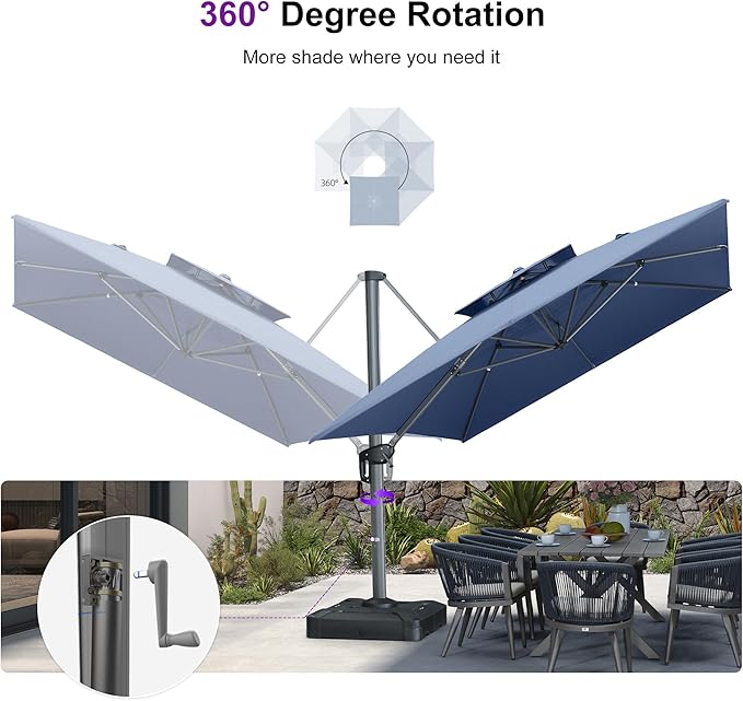 PURPLE LEAF Patio Umbrella with Base Included 10' X 13' Outdoor Cantilever Umbrella Large Rectangle Double Top Heavy Duty Offset Umbrella with 360-Degree Rotation for Pool Garden Deck Spectrum Denim