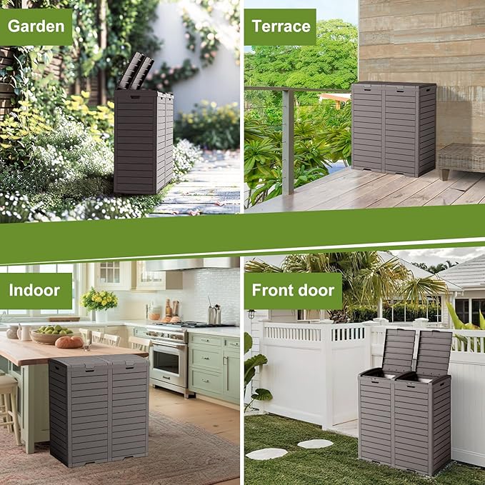 62 Gallon Outdoor Trash Can with Tiered Lid and Drip Tray,Waterproof Resin Waste Bin Indoor,Durable,Stylish,Lightweight Garbage Bin for Patio,Kitchen,Backyard and Office(Grey)