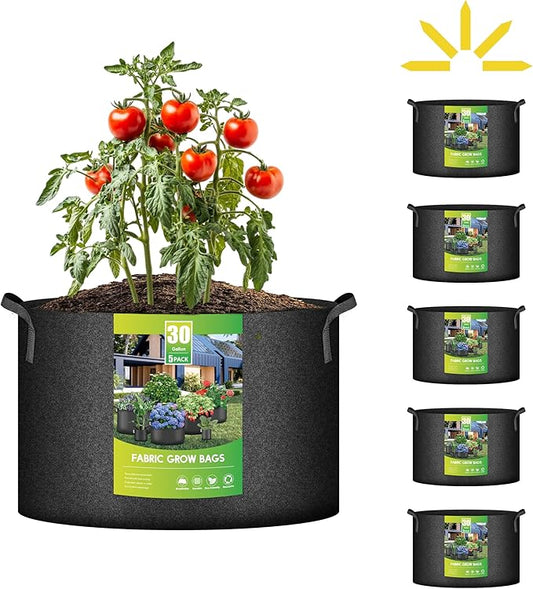 iPower 5 Pack 30 Gallon Grow Bags Heavy Duty 300G Thickened Nonwoven Fabric Plant Pots with 5 Labels & Handles for Outdoor Garden, Aeration Planter Bags for Fruits, Vegetables, Tomato & Flowers, Black