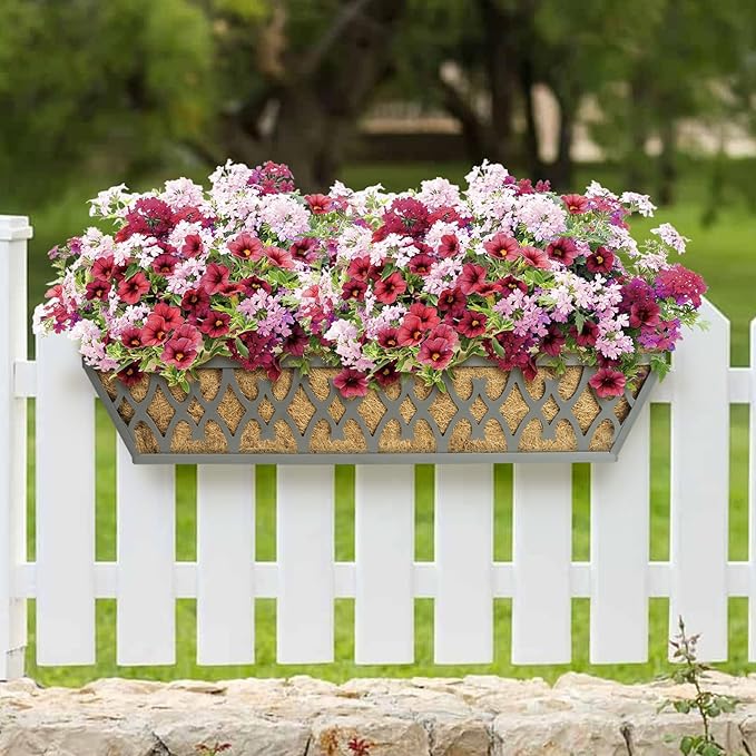 2 Pack 24 Inch Window Boxes Planters Railing Planter Box with Adjustable Brackets for Porch Fence Patio Balcony Hanging Flower Baskets with Coco Liners for Outdoor Garden Decor - Grey