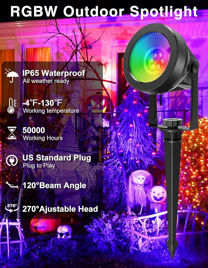 Halloween RGB Spot Lights Outdoor, Color Changing Landscape Lighting, Waterproof Spotlight with US Plug for Yard Tree Garden Path House Christmas Decoration (6 Pack)