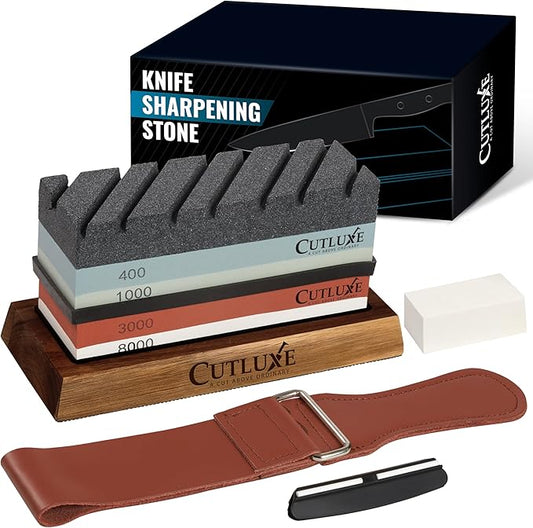 Cutluxe Whetstone Knife Sharpener – Sharpening Stone Kit, Professional 4 Side Grit 400/1000/3000/8000, Non Slip Acacia Wood Base, Angle Guide, Black Flattening Stone, Leather Strop