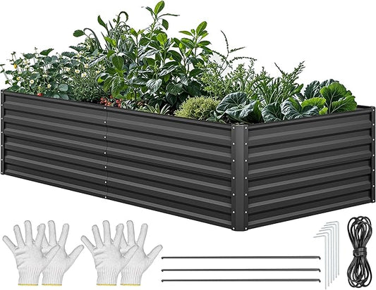 YITAHOME 8x4x2ft Large Raised Garden Bed Kit, Galvanized Metal Planter Box with Gloves, Ground Nails, Support Rod & Safety Rubber, Outdoor Above Ground Planters for Plants Vegetables Flowers, Black