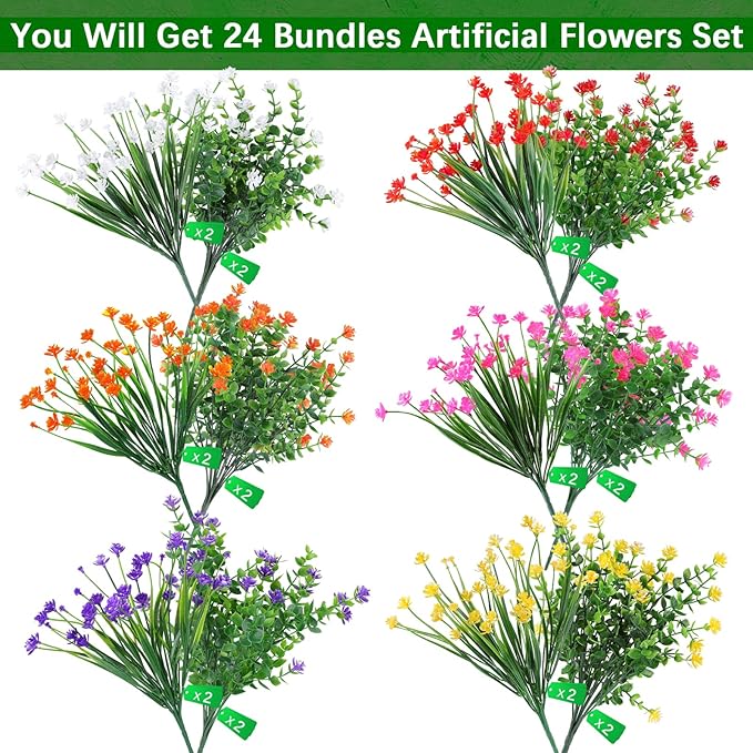 24 Bundles Artificial Flowers Outdoor,No Fade Fake Plastic Flowers Faux Plants for Decoration Hanging Planters Indoor Outside Garden Porch Window Box Home Farmhouse Wedding