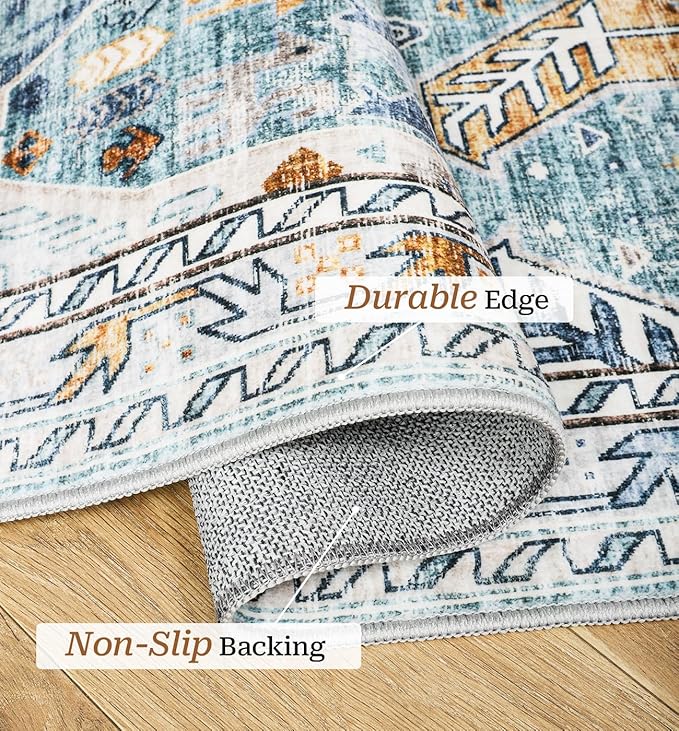 10x14 Area Rugs,Ultra-Thin Washable Rugs for Living Room,Non-Slip Lightweight Foldable Area Rug,Stain Resistant Vintage Large Rugs(Blue/Gold,10'x14')