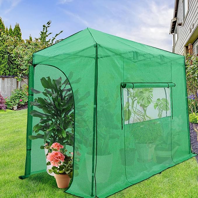 EAGLE PEAK Replacement Cover for 10x5 Portable Lean-to Greenhouse, 2 Roll-Up Zipper Entry Doors and 1 Large Roll-Up Side Window (Frame Not Included), Green