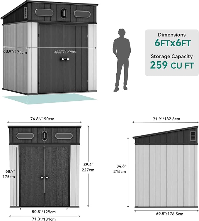 YITAHOME 6x6 FT Outdoor Storage Shed, All-Weather Resin Garden Shed with Windows, Vents and Lockable Double Doors for Garden Tools, Bikes, and Sundries, Waterproof,Gray