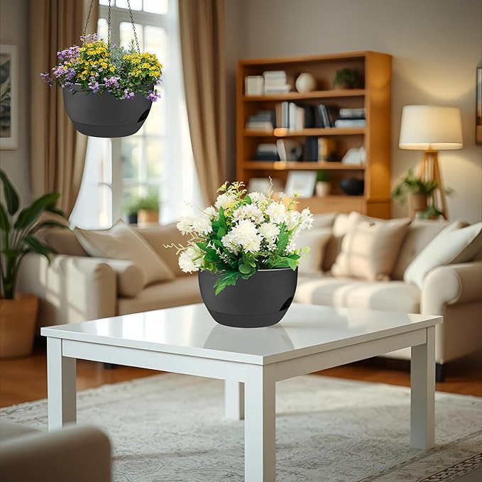2 Pack 12 Inch Large Hanging Planters with Chains Self Watering Black Plastic Hanging Pots for Indoor Outdoor Plants, Garden Porch Home Decor,Black