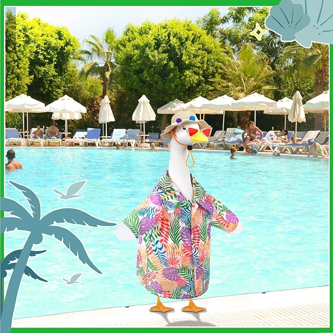 Hawaiian Porch Goose Outfits, Summer Lawn Goose Outfit with Sunglasses & Hat, Yard Goose Clothes and 3 Pcs/Set Goose Costume for 23" 17" Statue Patio Garden Decoration