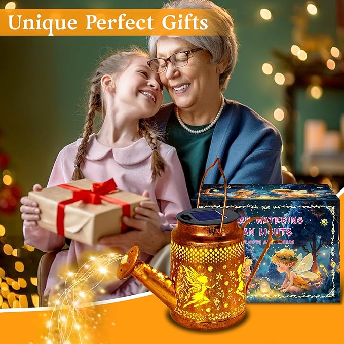 Solar Lanterns Outdoor Waterproof,Metal Watering Can Garden Decor,Fairy Hanging Solar Path Lights Yard Art,Outside Patio Decorations Gardening Birthday Gifts for Mom Grandma Women(with Shepherd Hook)