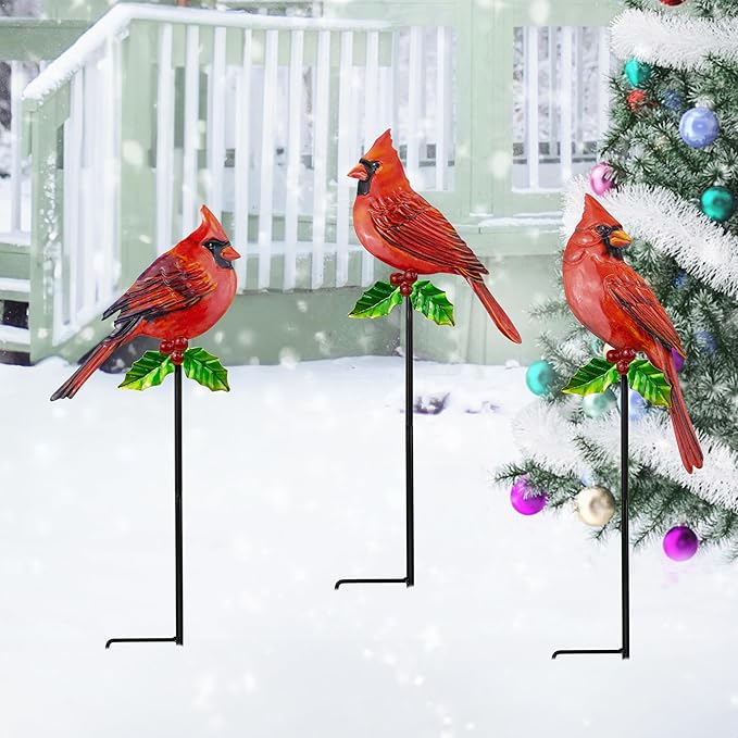 3 Pack Red Birds Metal Decorative Garden Stakes - 20 Inch Shaker Patio Decor Art and Rust Resistant Metal Garden Decor for Indoor and Outdoor Decor - Perfect for Patio and Lawn Ornaments
