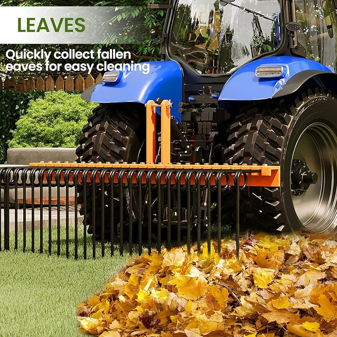 72" Durable Powder Coated, Steel Pine Grass Rake, Steel Spring Landscape Rake, Cat 0 Cat 1 Attaches to Tractor, 3-Point Hitch, Black + Orange
