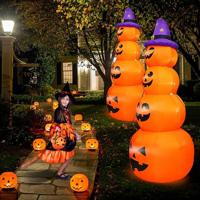 DearSun 8FT H Halloween Inflatable Stacked Pumpkins with Witch’s Hat, Blow up 4 Pumpkins Inflatable with Build-in LED Lights Outdoor Decorations Large Party Yard Decoration