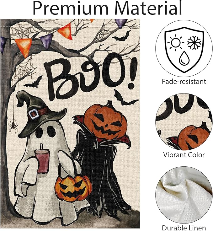 Halloween Garden Flag 12x18 Inch Double Sided for Outside, Small Burlap Boo Ghost Pumpkin Yard Flag Holiday Outdoor Decorations