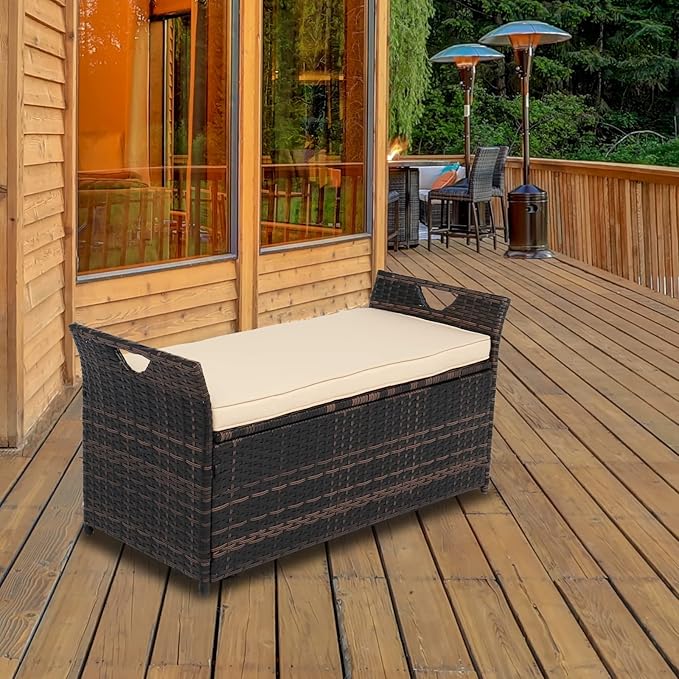 VINGLI 40 Gallon Outdoor Rattan Deck Box w/Cushion, Patio Wicker Storage Box for Tools and Supplies, Garden Deck Storage Bin for Balcony, Porch, Pool, Yard, Brown