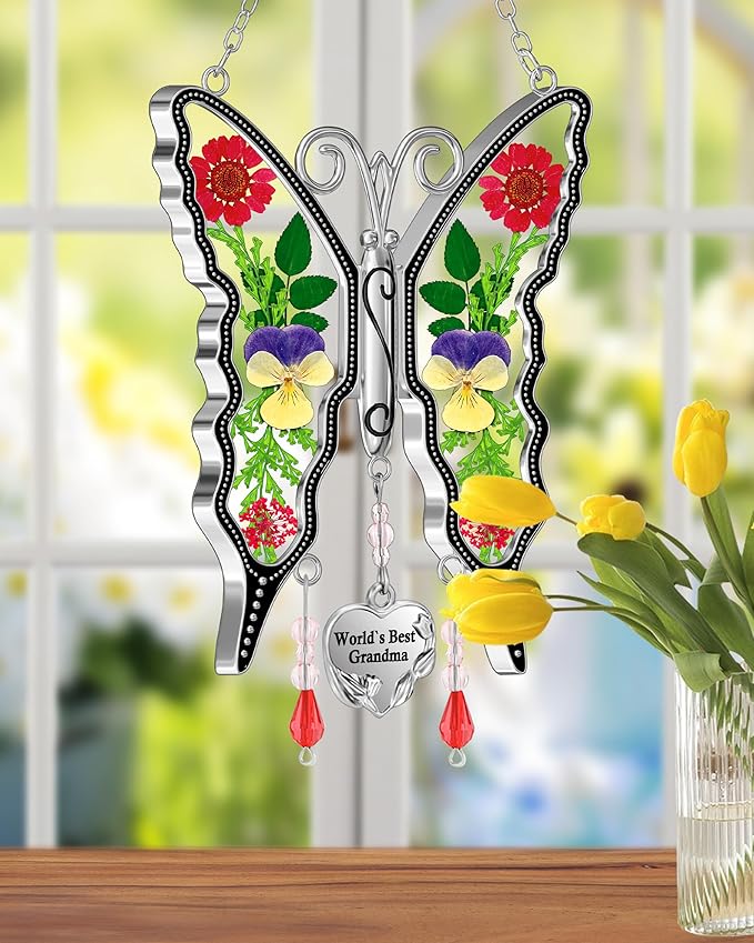 KY&BOSAM New Butterfly Suncatcher Stain Glass World`s Best Grandma Butterfly Suncatcher Hanging for Window Wind Chime Gifts for Grandma Mother`s Day Valentine's Birthday Christmas Thanksgiving