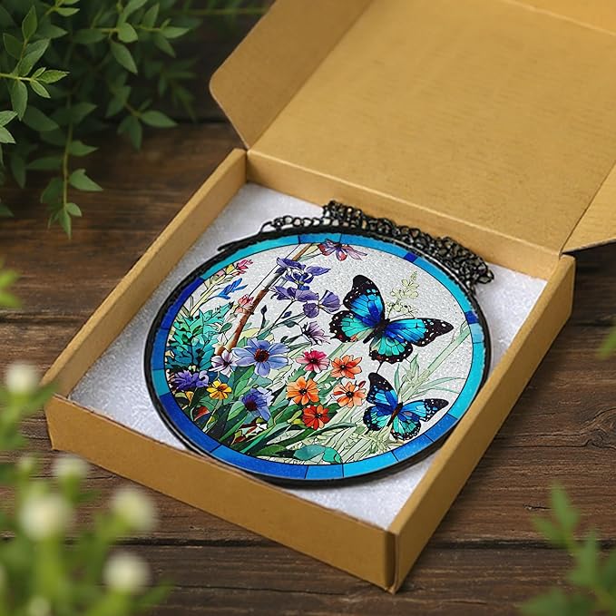 Stained Glass Window Hanging, 8 Inch Butterfly Sun Catchers Indoor Window, Suncatchers for Windows Hanging, Home Decoration and Christmas, Festival, Mother's Day, Birthday, Gifts for Women, Mom