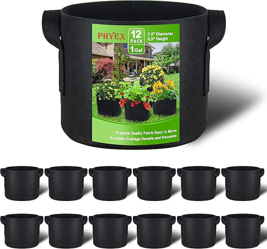 PHYEX 12-Pack 1 Gallon Nonwoven Grow Bags, Heavy Duty Aeration Fabric Pots with Durable Handles, Come with 12 Pcs Plant Labels