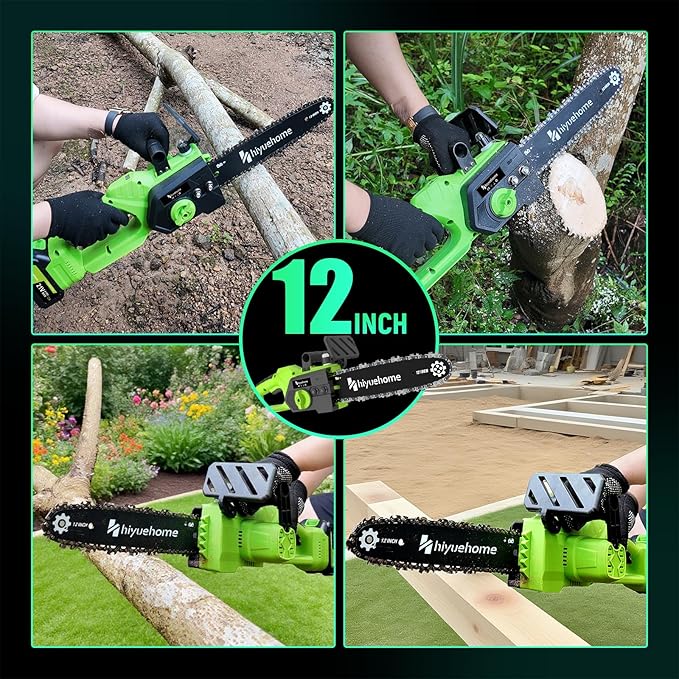 Mini Chainsaw 12inch, Chainsaw Cordless w Automatic Oiler, Handheld Electric Power Chain Saw w Security Lock, Brushless Motor,Chainsaws for Wood/Trees Trimming (Green - 2 batteries, 12 INch)
