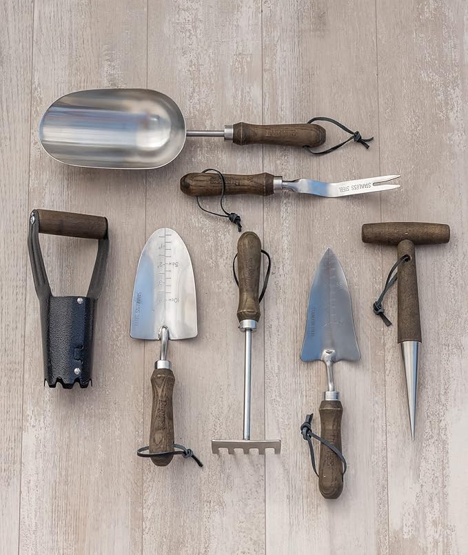 Burpee Complete 7-Piece Set of Stainless Steel Garden Bulb Planter, Rake, Dibbler, Soil Scoop, Transplanter, Weeder, Trowel | Hand Tools with Leather Strap for Storage