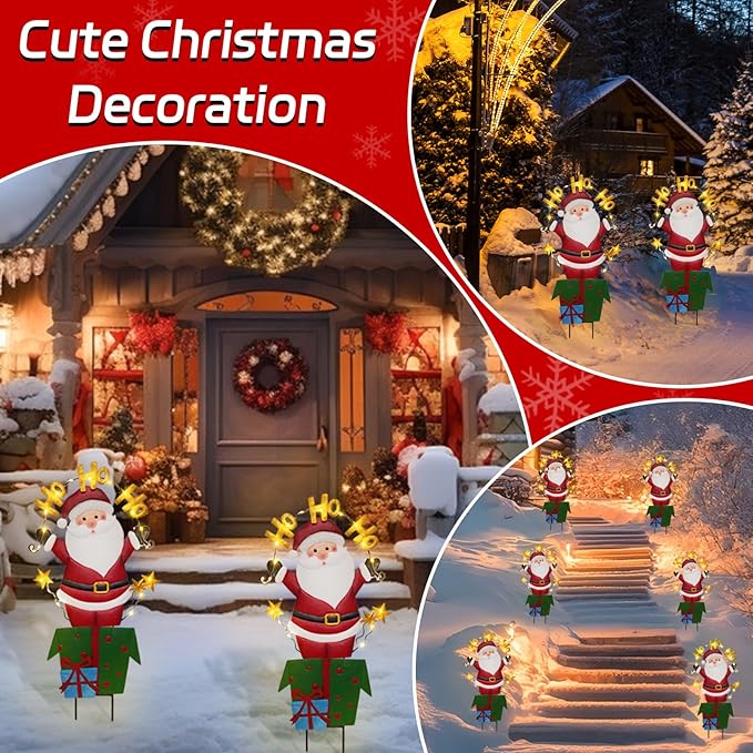 Solar Christmas Lights Outdoor Garden Stakes, 30in Metal Santa Claus Yard Signs with LED String Lights, Waterproof Christmas Decor for Xmas Lawn Pathway Patio Party Winter (Santa Claus)