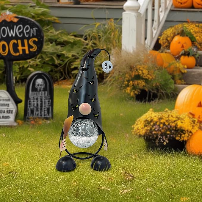 Halloween Decorations Outdoor Solar Lights Gnome, Color Changing LED Lights with Jack-O-Lantern Hollowed-Out Hat, Spooky Halloween Decor for Garden, Patio, Yard, Pathway (Black)