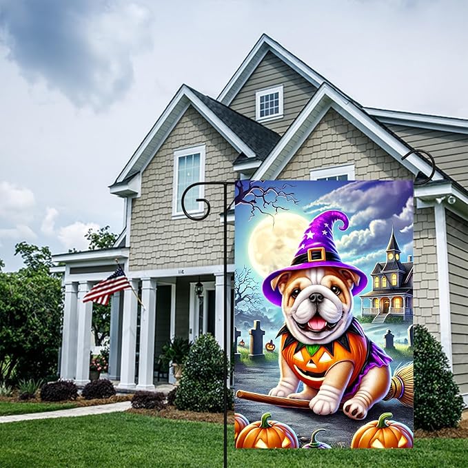 Halloween Pug Garden Flag, Scary Dog in Witch Hat and Pumpkin Costume, 12x18" Double Sided Small Halloween Flag Outdoor Yard Lawn Decoration