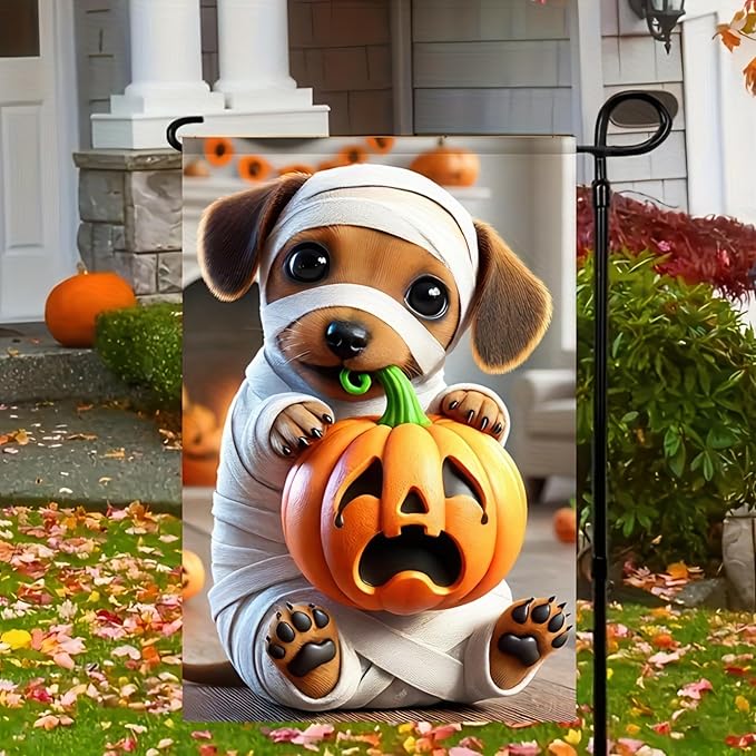 Garden Flags - 12x18 Inch Double Sided Trick or Treat Dachshund Halloween Dog Skeleton Decorations for Outside