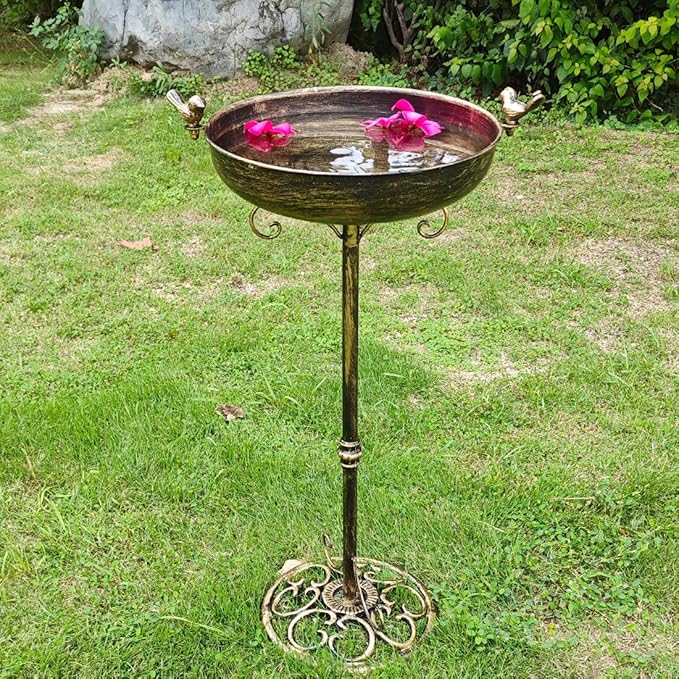Cast Iron Bird Bath, Bird Baths for Outdoor, Metal Bird Bath with Bird Statues Bird Bath and Bird Feeder Bowl Tray Yard Garden Lawn Outside Decoration