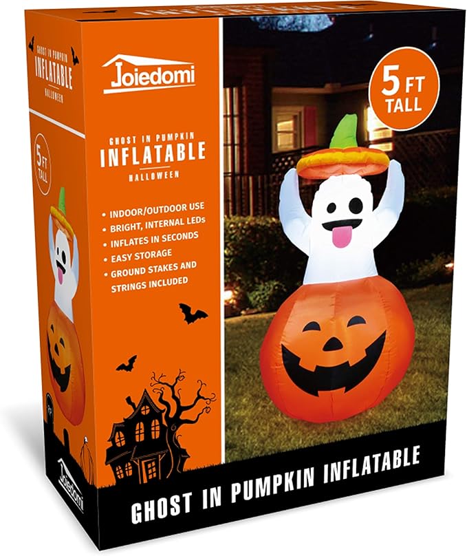 Joiedomi 5 FT Halloween Inflatable Ghost Outdoor Decorations, Blow Up Yard Decorations in Pumpkin, Blow Up Ghost Inflatable with LEDs for Cute Halloween Decor