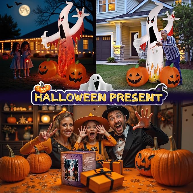 8FT Halloween Inflatables Ghost Decorations with Built-in LED Lights,Blow Up Scary Red Eye Pumpkin for Outdoor Halloween Party Garden Lawn Holiday Decor