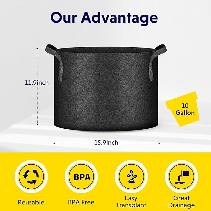 iPower 5-Pack 10 Gallon Plant Grow Bags Thickened Nonwoven Aeration Fabric Pots Heavy Duty Durable Container, Strap Handles for Garden, Black New