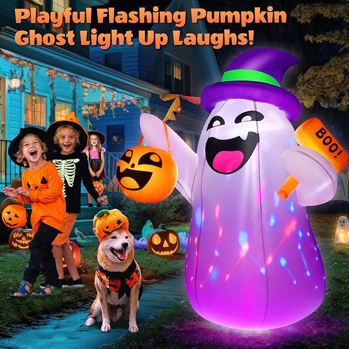 5FT Halloween Inflatables Ghost Built-in Colorful Flashing LED Lights, Cute Halloween Decorations Outdoor with Pumpkin Boo, Blow Up Yard Decorations for Indoor Yard Party (1PCS)