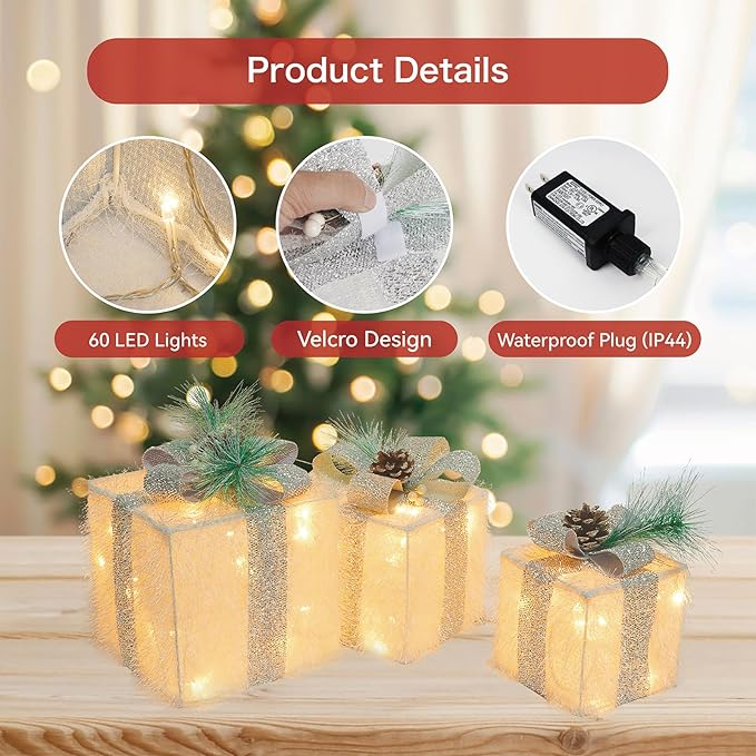 Set of 3 Christmas Lighted Gift Boxes, 60 LED Light Up Present Boxes for Christmas Decorations Indoor Outdoor Yard Xmas Tree Holiday Party Lawn Porch Home Decor (White)
