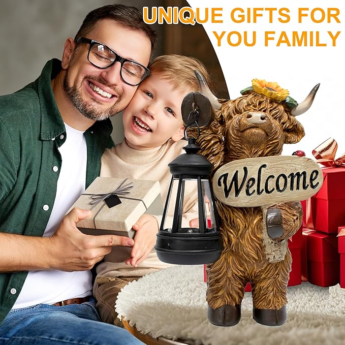 Solar Highland Cow Outdoor Statue with Latern for Garden, Outside Yard Lawn Decor Highland Cow Figurine Porch Patio Balcony Home, Birthday Gifts for Mom Women