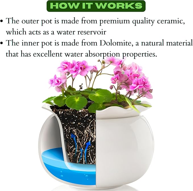 African Violet Pots 6 Inches Ceramic, Effortless Self Watering Pots for Indoor Plants for Busy Plant Lovers, Easy Plant Self Watering Pot, Plant Pots, Flower Pot, Plant pots Indoor