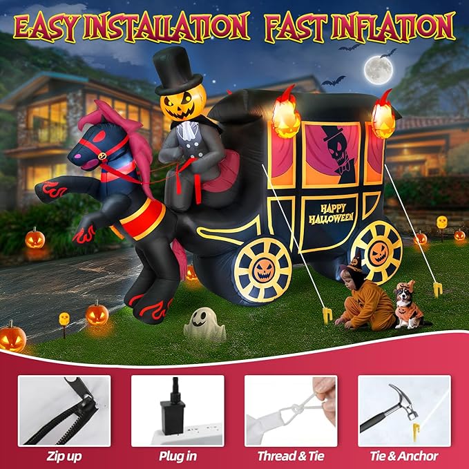 10FT Long Halloween Inflatables Built-in LED Light Pumpkin-Headed Horse Carriage, Giant Halloween Decorations Outdoor Blow Up Yard Decorations Spooky Ghost Carriage Halloween Blowups for Lawn Party
