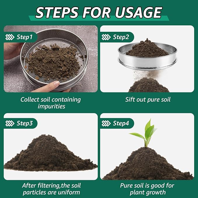 2 Pcs 12 Inch Soil Sifter for Gardening, Gardening Soil Compost Sifter, Stainless Steel Soil Sieve, Mesh Screen Dirt Sifter for Dirt,Sand,Rock,Filtration Compost Bonsai Gardening Tool (10mm)