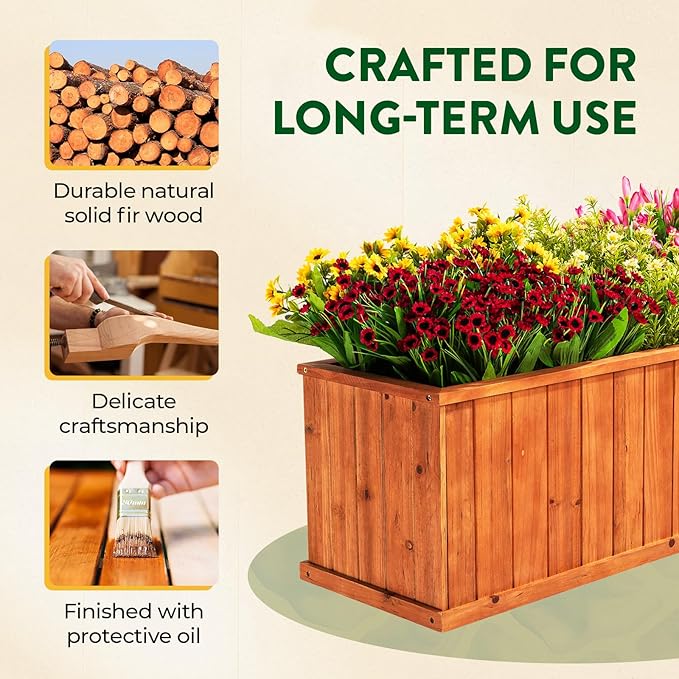 IDZO Wooden Window Box 40 in, Spacious Wooden Planter Boxes with Convenient Drainage Holes, Durable Oil Coated Window Box for Flowers & Plants, Decor Garden, Balcony, Backyard, Easy Assembly