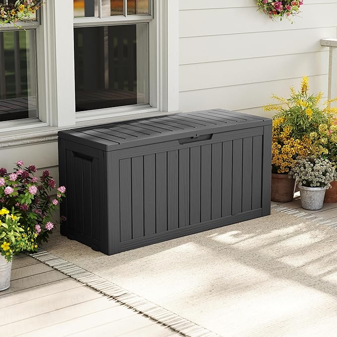 EasyUp 90 Gallon Outdoor Storage Box, Resin Waterproof UV-Resistant Deck Box, Reinforced Stability for Patio, Garden, and Poolside, Striped Black