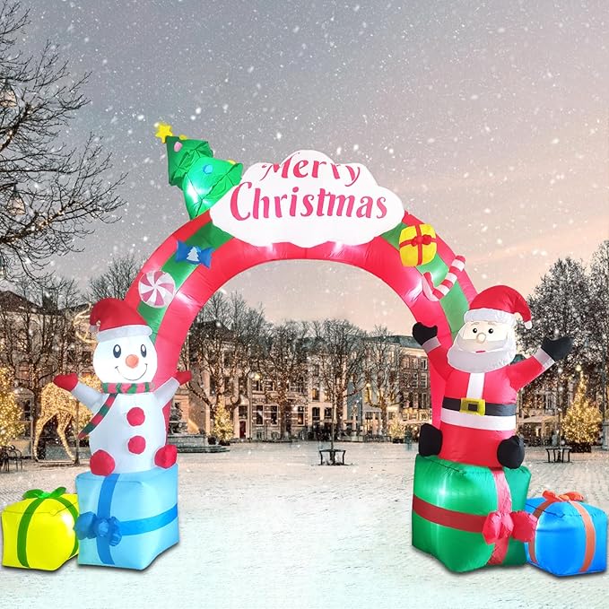 12.5FT Christmas Inflatables Archway, Inflatable Santa Claus and Snowman Sitting on Gift Boxes, Christmas Arch Blow Up Yard Decorations and LED Lights Built-in for Party Indoor, Outside, Garden, Lawn