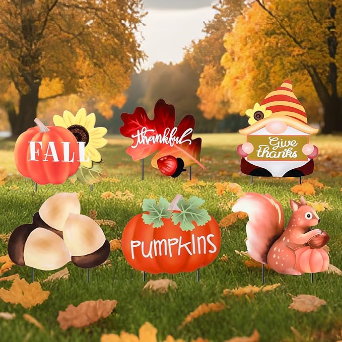 WONDER GARDEN Fall Yard Stakes Yard Signs, 6 PCS Metal Thanksgiving Garden Stakes with Pumpkin, Gnome, Maple Leaf, Chestnut and Squirrel for Harvest,Outdoor, Lawn,Farmhouse Decorations
