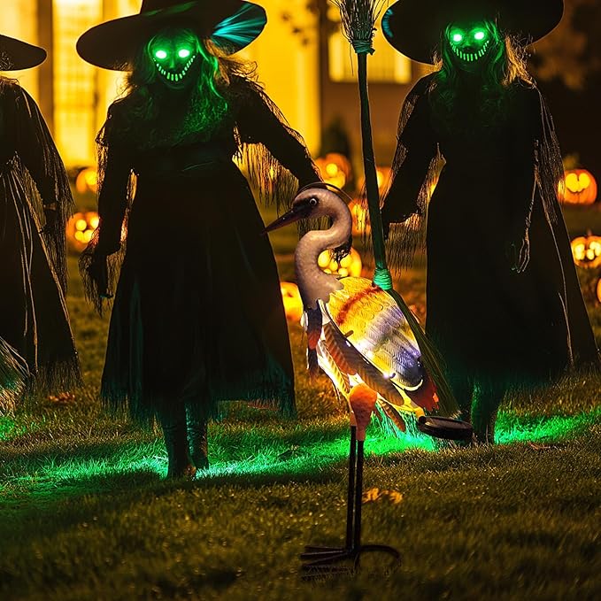 HONGLAND Solar Heron Metal Crane Statue Garden Heron Sculpture, Glass Outdoor Crane Yard Art Coastal Ocean Bird Decor 24 Inch Lawn Ornament for Backyard Porch Patio Decor(Purple)