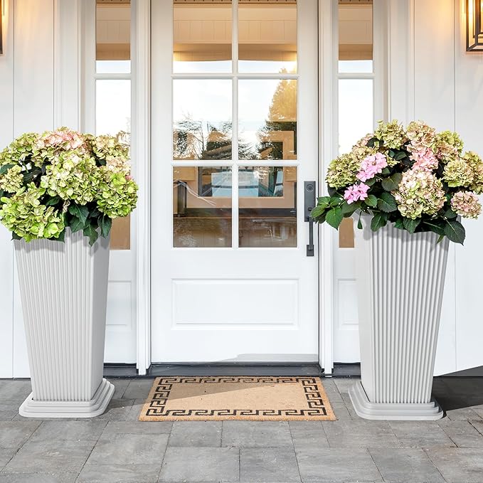 Set of 2 Large Tall Planter for Indoor or Outdoor 24" Tall Flower Pots Tapered Tall Planters with Tray for Porch, Patio, Backyard, Large Planters for Outdoor Indoor Plants(White,Striped)