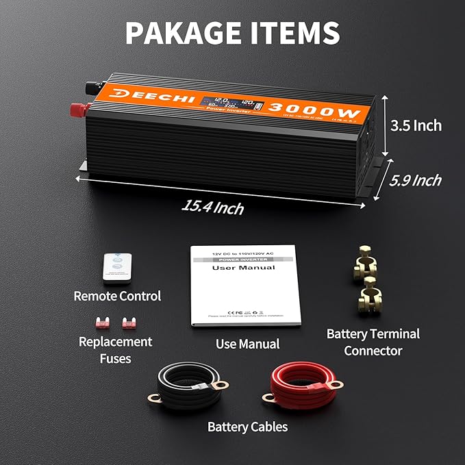 3000 Watt Power Inverter Car/Home 12V DC to 110V/120V AC Converter with 2 AC Outlets, USB & Type-C Port Car Inverter Peak Power 6000W for RV,Truck,Off-Grid Solar System with Remote Controller-Orange