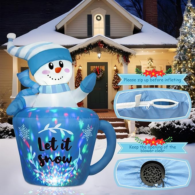 OurWarm 5FT Christmas Inflatable Snowman in Mug, Adorable Blue Snowman Blow Up Awaiting the Snow, Christmas Inflatables Outdoor Decorations with Built-in LEDs & Blower for Yard Lawn Winter Inflatables