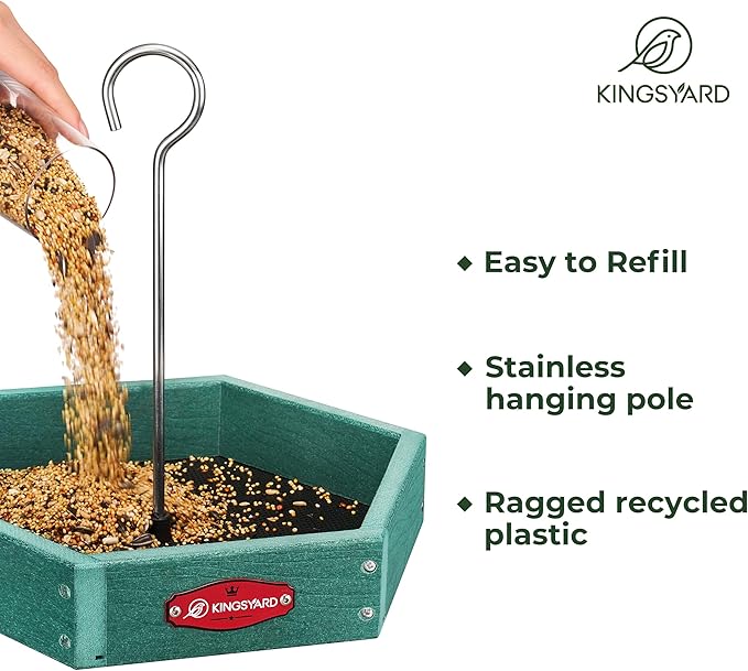 Kingsyard Heavy Duty Hanging Platform Bird Feeder Weatherproof, Recycled Plastic Tray with Metal Mesh Screen, Easy Clean Outdoor Feeder for Cardinals Bluebirds Wild Birds, Green