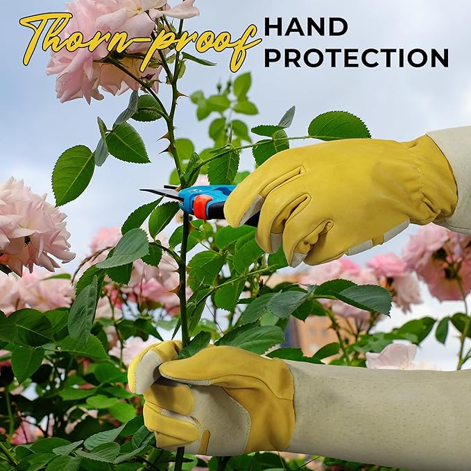 HANDLANDY Rose Pruning Gloves for Men & Women, Thorn Proof Long Garden Gloves, Gardening Gifts for Gardeners (Yellow- goatskin, Medium (Pack of 1))